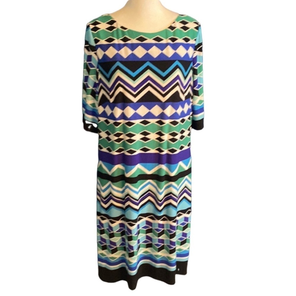 Eliza J Geometric Lined Midi Dress - Blue, Black, Green. Zipper back. Size 14.